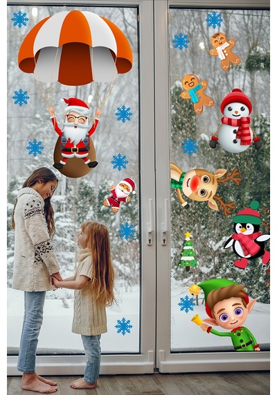 Paraşütle Uçan Noel Baba Kardan Adam Penguen Ve Kurabiye Adamlar Yılbaşı Sticker