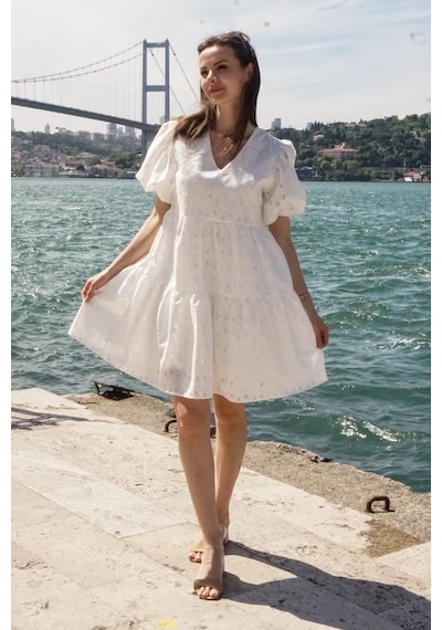 Pastelastore Yazlık Astarlı Pamuklu Brode Kadın Elbise 1301 Ekru
