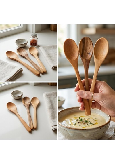 3'lü Doğal Ahşap Kaşık Seti - El Yapımı Uzun Tatlı, Bal, Kahve Ve Baharat Kaşığı 20x3 Cm Çok Renkli