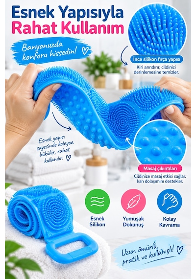 Silikon Banyo Sırt Kesesi 70cm Çift Taraflı Masaj Dokulu Uzun Saplı Vücut Temizleme Fırçası Ve Masaj
