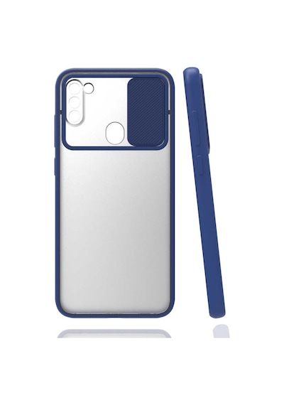 Noktaks - Samsung Galaxy Uyumlu A11 - Kılıf Slayt Sürgülü Arkası Buzlu Lensi Kapak - Lacivert