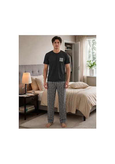 Pijamask Erkek Siyah Kısa Kollu Ekose Pantolonlu Pamuklu Pijama Takımı Cep Detaylı Rahat Ev Giyim Gri Pijamask Erkek Siyah Kısa Kollu Ekose Pantolonlu Pamuklu Pijama Takımı Cep Detaylı Rahat Ev Giyim Gri