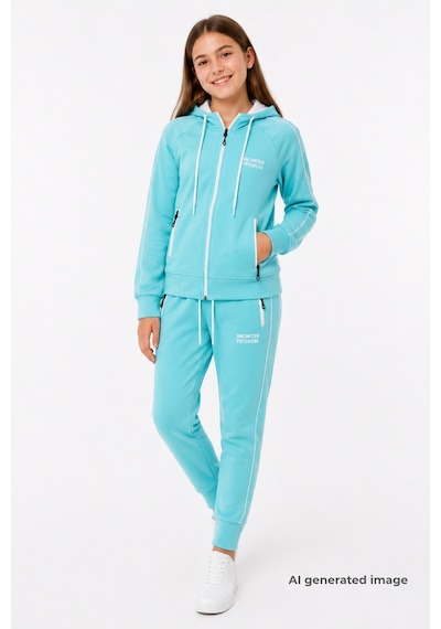 Pina Kids Kız Çocuk Scuba Unlimited Çift Şeritli Kapüşonlu Reglan Kol Dalgıç Kumaş Eşofman Takımı Esf7023 Su Yeşili