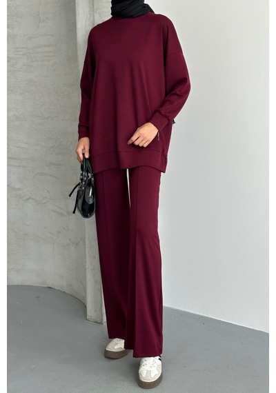 Feela Moda Kadın Modal Penye Oversize Tesettür Tunik Takım 2020 Bordo
