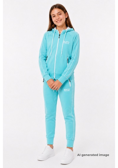 Pina Kids Kız Çocuk Scuba Unlimited Çift Şeritli Kapüşonlu Reglan Kol Dalgıç Kumaş Eşofman Takımı Esf7023 Su Yeşili