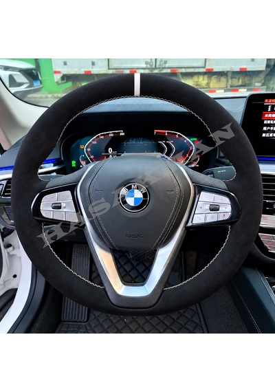 Bmw G30 Dikme Direksiyon Kılıfı Full Alcantara Süet Beyaz Yüzük Ve Beyaz Dikiş 2016-2023 Siyah