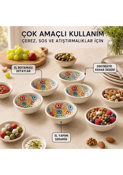Tr Seramik 6'li Kase Seti El Yapımı Çerezlik, Reçellik, Sosluk & Kahvaltılık Sunum Takımı Elde Boyanmış Renkli