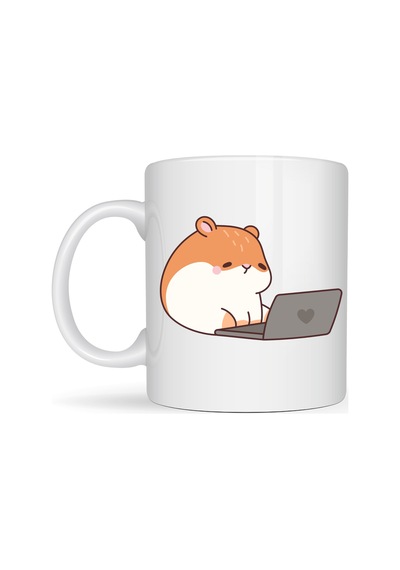 Laptoplu Hamster Desenli Porselen Kupa Model 112 Sevimli Çalışkan Hamster Tasarımlı Kahve Kupası , Ofis & Ev İçin Tatlı Hediye Diğer