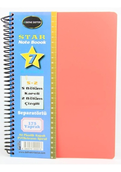 Defne Star Spiralli A4 Plastik Kapak Ayraçlı Defter 5 Kareli+2 Çizgili 175 Yaprak Pembe - Mavi