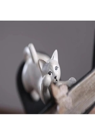 Dekoratif Kedi Figürlü İkili Kitap Tutucu Beyaz Renk