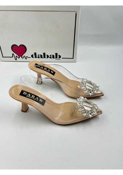 Dabab Shoes Sawko Kadın Şeffaf Güneş Taş Detaylı Arkası Açık 7 Cm Abiye Stiletto Topuklu Ayakkabı Bej