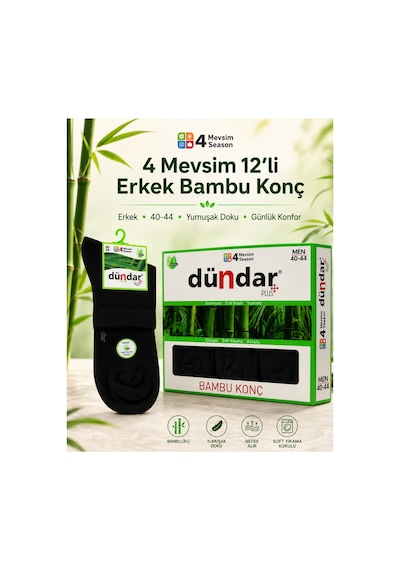 Dündar Çorap Erkek Bambu Konç Çorap 12 Li 40-44 4 Mevsim Nefes Alan Günlük Çorap Siyah