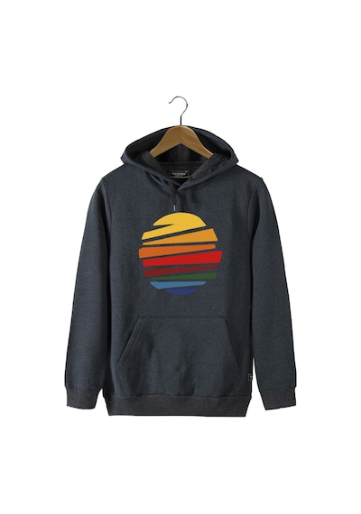 Unisex Füme Kapüşonlu Önü Güneş Baskılı Slim Fit Kanguru Cepli Sweatshirt Füme