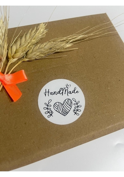 Handmade Örme Kalpli Yuvarlak Yapışkanlı Etiket 4x4 Cm 120 Adet