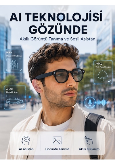 Siyah 3 Lensli Akıllı Kamera Gözlüğü Bluetooth Görüşme Müzik Kontrolü Aı Sesli Asistan Ve Görüntü Tanıma