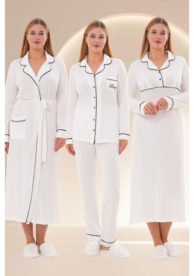 Mecit Pijama Mecit 6335 Ekru Kadın Sabahlık Gecelik Pijama Seti Ekru