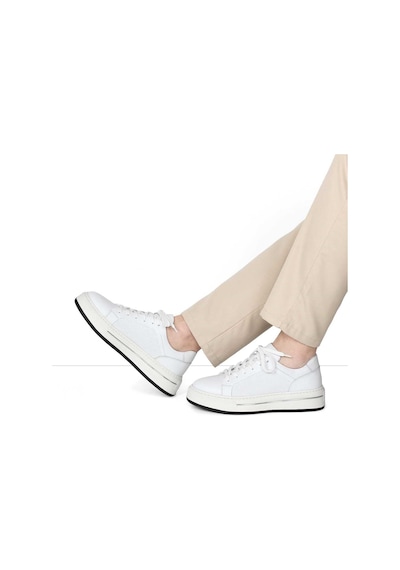 Erkek Beyaz Baskılı Bağcıklı Kalın Tabanlı Deri Sneaker