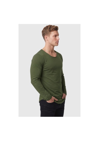 Deepsea Erkek Haki %95 Pamuk Slim Fit Kesik Açık Yaka Likralı Penye Sweatshirt Oval Kesim 2602299