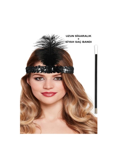 1920&amp 39 Ler Gatsby Aksesuar Seti Siyah Charleston Bandı &amp Sigaralık - Dlkj-764389
