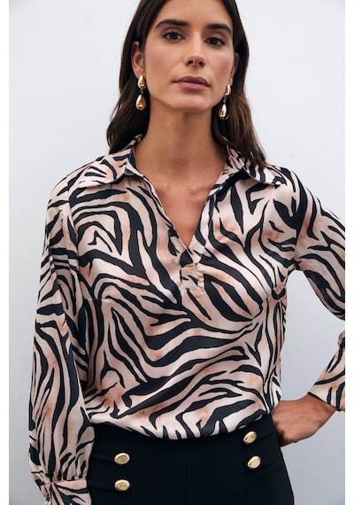 Sateen Desenli Gömlek Yaka Bluz - Siyah-135570 Siyah