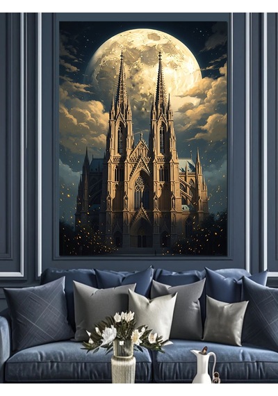 Gece Işıkları Altında Gotik Katedral Dekoratif Kanvas - Mdf Ahşap Tablo