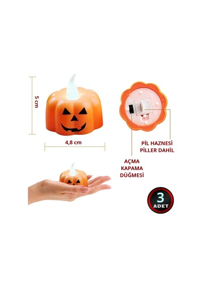 Halloween Bal Kabağı Led Mum, 5cm X 3 Adet