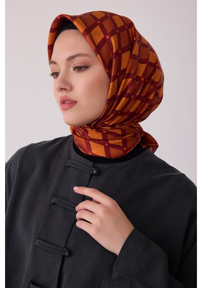Belli Geometrik Desen %100 Twill İpek Eşarp Be08 Taba