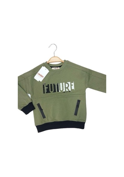 Çikoby Erkek Çocuk Future Baskılı Pamuklu Uzun Kollu Tshirt-13799-haki Haki