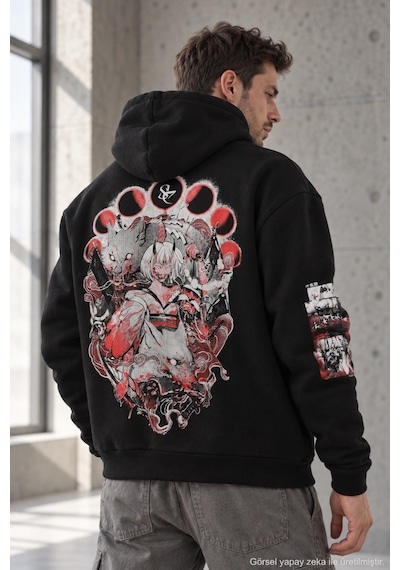 Polo State Erkek Kitsune Anime Baskılı Oversize 3 İplik Şardonlu Kapüşonlu Sweatshirt Siyah