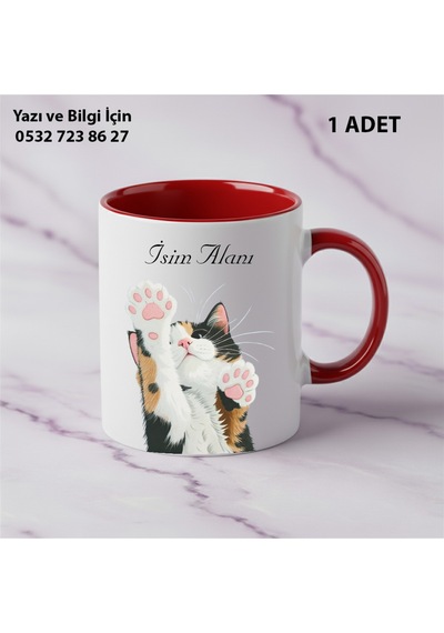 Siyah Kedi Baskılı Kişiye Özel İsimli Hediyelik Kupa Bardak-kedi Sevenler İçin Özel Hediye Kırmızı
