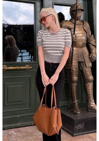 Seeh Gri Bisiklet Yaka Çizgili Kadın T-shirt Sh371 Baskılı