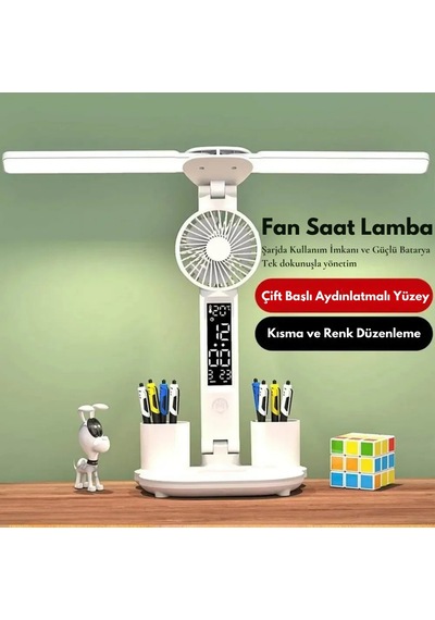 Techtic 6in1 Fanlı 2başlı Masa Lambası Saat Takvim Derece Kalemlk