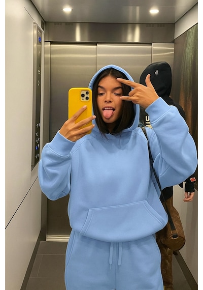 Benroma 3 İplik Penye Kapüşonlu Oversize Sweat Bebe Mavisi