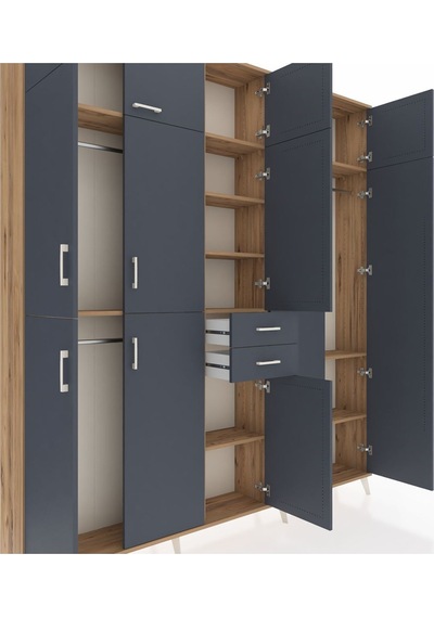 Arges Dolap 10 Raflı 2 Çekmeceli 3 Askılı 220x30x243 Çam-antrasit/antrasit Antrasıt/antrasıt