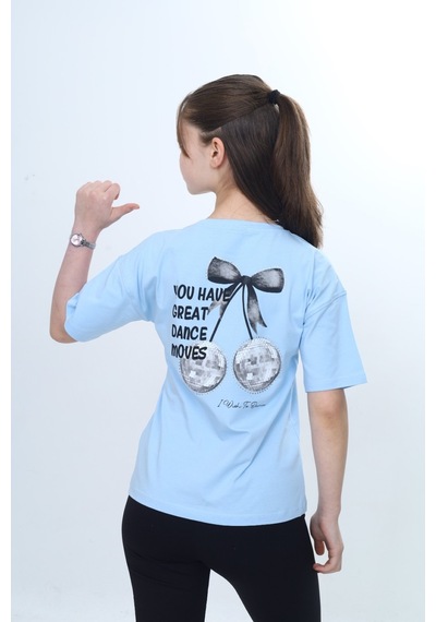 Toontoy Kids Toontoy Kız Çocuk Bisiklet Yaka Düşük Omuz Kısa Kollu Baskılı Tişört 24973 Mavi