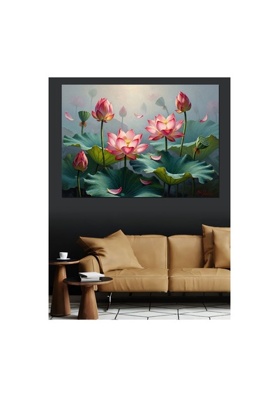 Suyun Üzerinde Açmış Pembe Nilüferler Yağlı Boya Dokulu Kanvas Tablo Canvas Tablosu