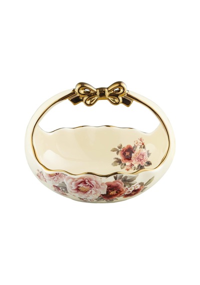Fanquare Vintage Seramik Meyve Sepeti, 19 Cm, Dalgalı Kenarlı, Altın Saplı Seramik Kase Çok Renkli