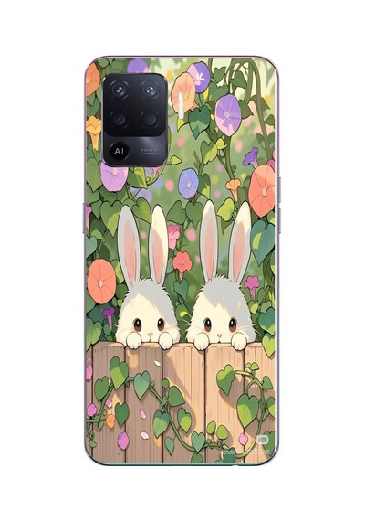 Oppo Reno 5 Lite Uyumlu Tavşan Kardeşler Baskılı Silikon Kılıf Renkli