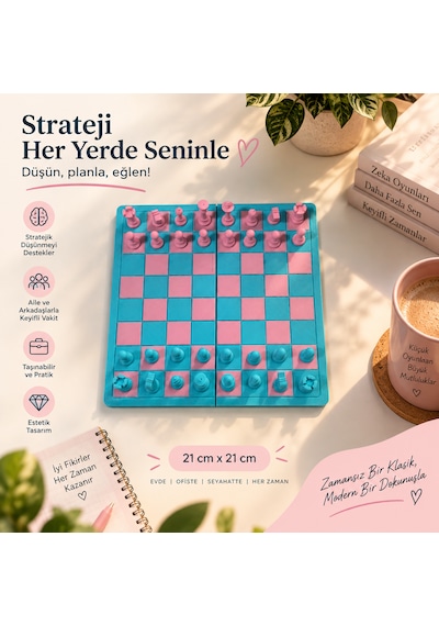 Katlanabilir Satranç Takımı 21x21 Cm Pembe Mavi Çocuk Ve Yetişkin Satranç Seti, Taşınabilir Strateji Oyunu