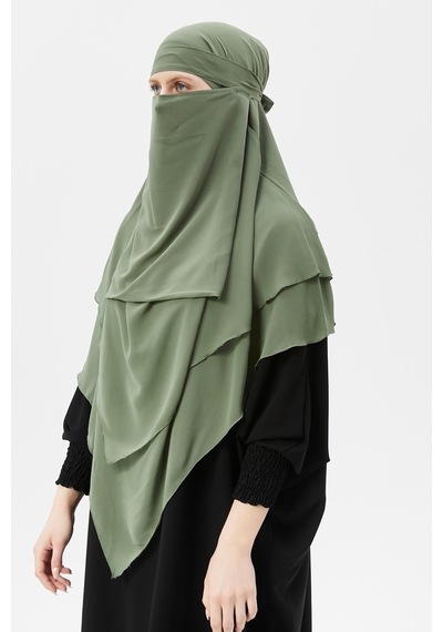 Altobeh Hazır Pratik Şifon Üç Katlı Peçeli Üçgen Hac Umre Şalı Sufle Hijab Nikap Fıstık Yeşili