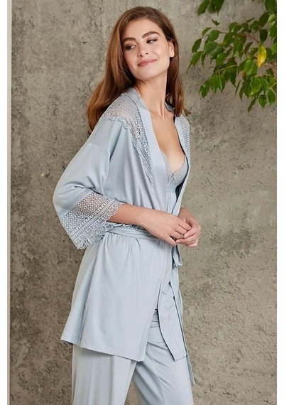 Pierre Cardin 2820 Kadın Mist Dantelli Penye 3'lü Sabahlıklı Pijama Takım 001