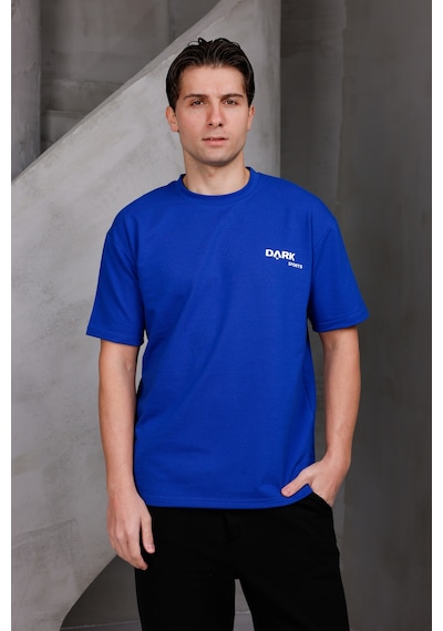 Erkek Baskılı Oversize Bisiklet Yaka 2 İki İplik Kompakt T-shirt Saks