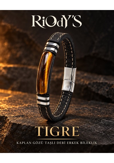 Riody's Tigre Erkek Bileklik Doğal Kaplan Gözü Taşlı Siyah Deri Çelik Detaylı Manyetik Kilit Kahverengi