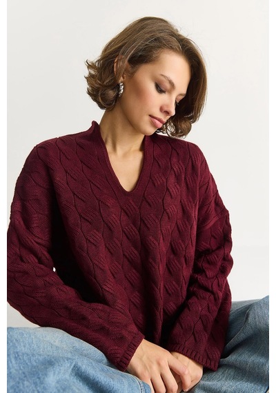 Shade Kadın Oval Yaka Saç Örgü Oversize Triko Kazak Tk241277 60284091 - Bordo