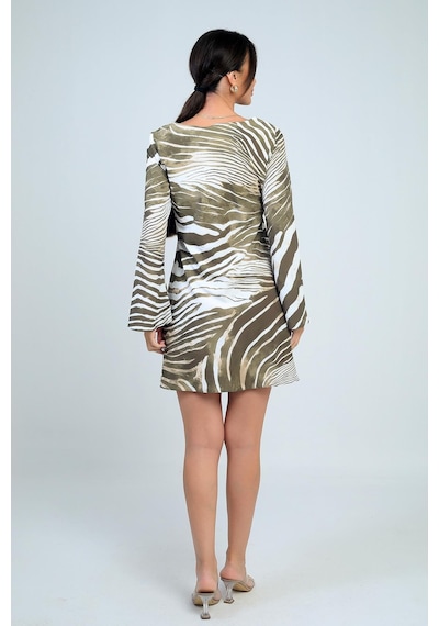 By Saygı Kadın Yuvarlak Yaka Zebra Desenli İspanyol Kol Astarlı Kısa Elbise-41785 Haki