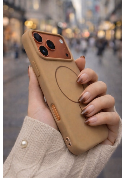 Apple iPhone 17 Pro Uyumlu İçi Kadife Magsafe Wireless Şarz Özellikli Camel Renkli Telefon Kılıfı Resimdeki