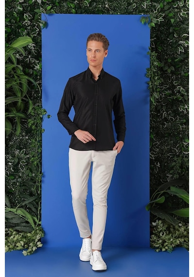 Efor Slim Fit Düğmeli Yaka Pamuklu Klasik Siyah Gömlek Gk 715 Siyah