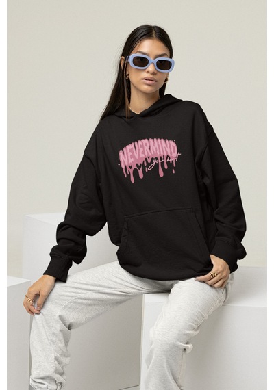 Nevermind Unisex Oversize Hoodie Sweatshirt Pembe Baskılı Kapüşonlu Siyah