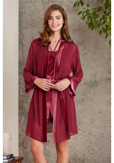 Pierre Cardin 4800 Kadın Dantelli Kadife Tulum Sabahlık Takım-bordo Bordo