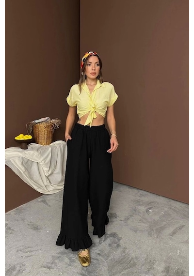 Defymoda Siyah Paçası Fırfırlı Keten Pantolon Siyah